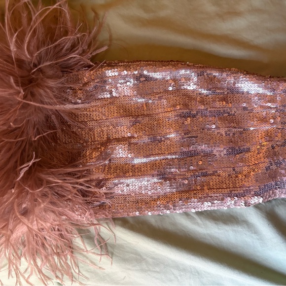 AKIRA Pink Sequin Mini Skirt with Feather Hem - Picture 4 of 5